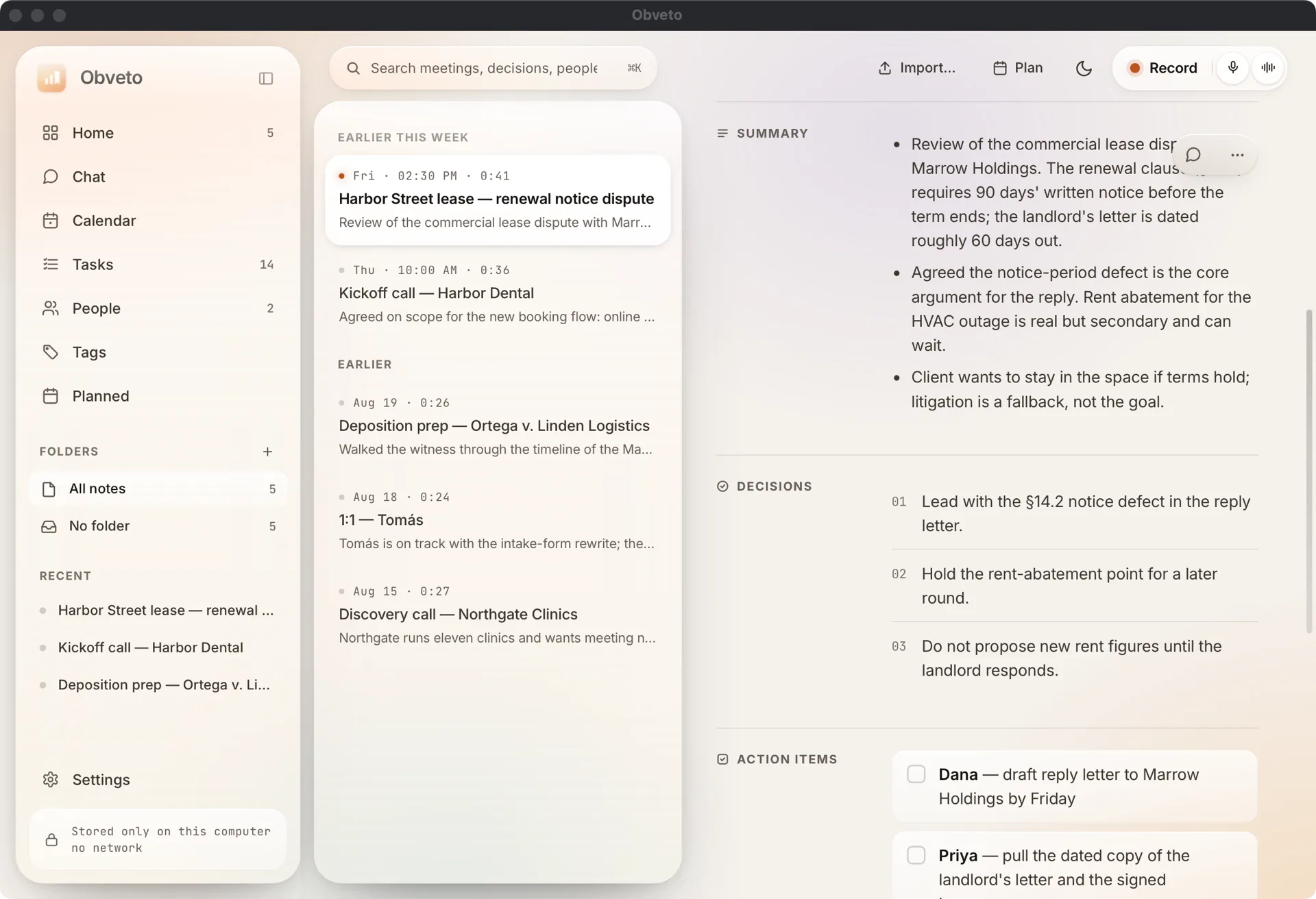 A meeting note in Obveto: summary, decisions and action items with checkboxes