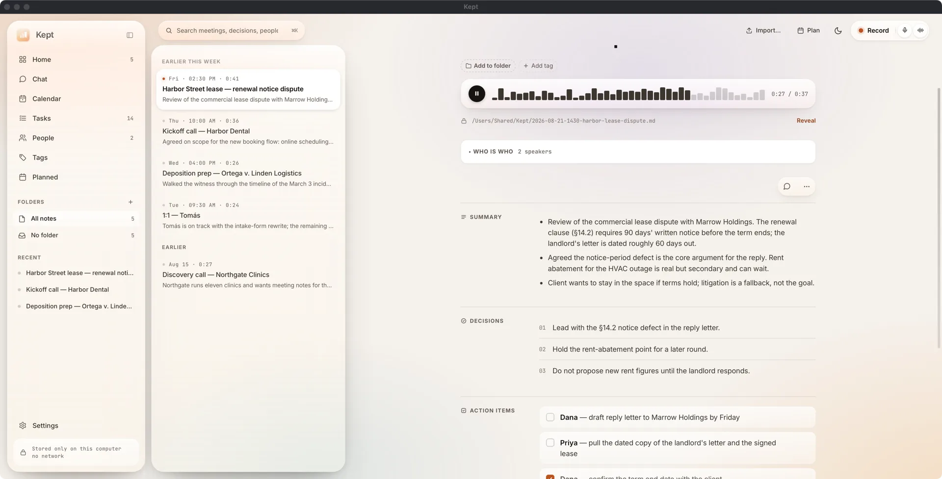 The meeting audio in the note: waveform player with the summary right below