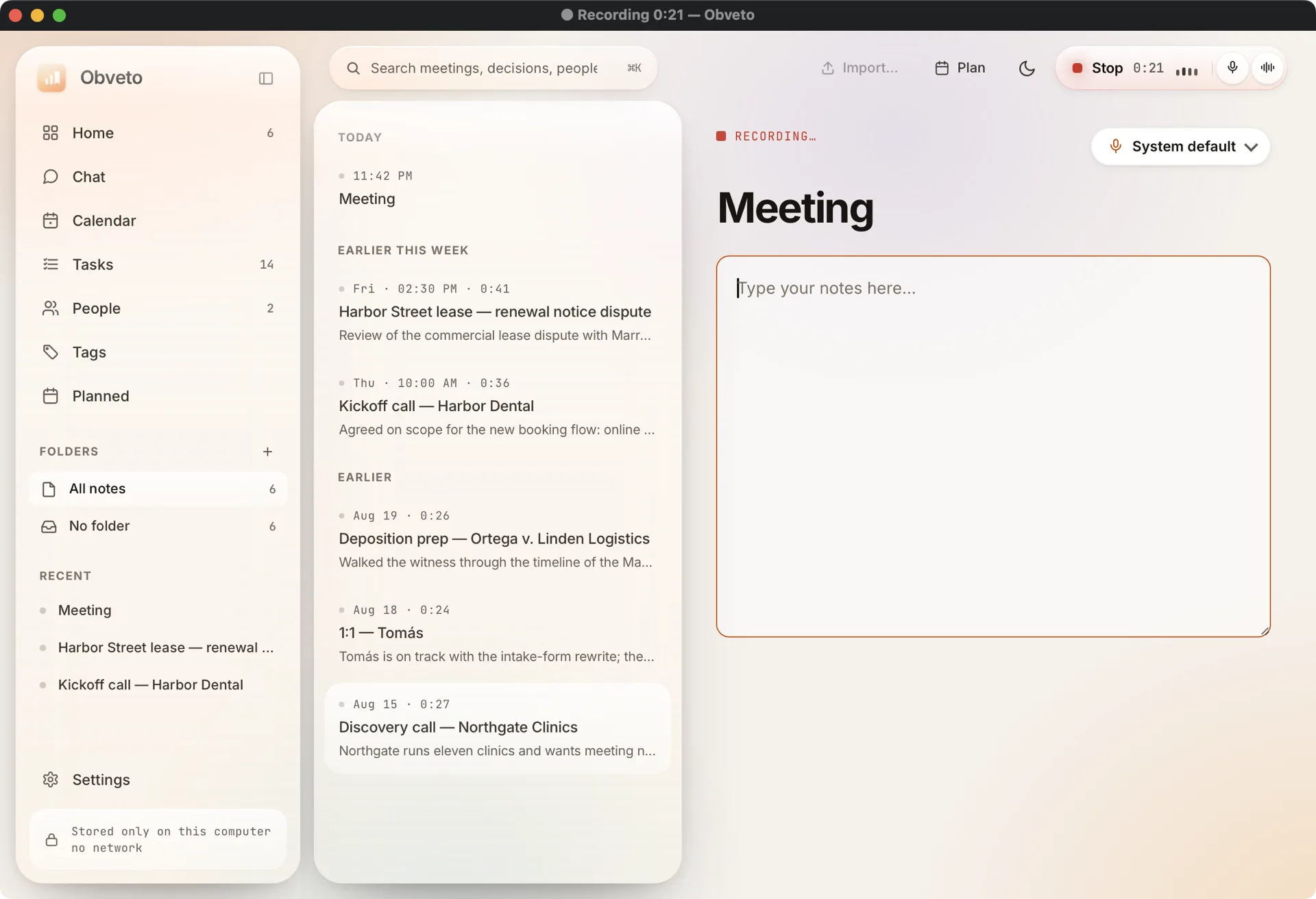 Obveto recording a meeting: live timer, input level and a field for your own notes