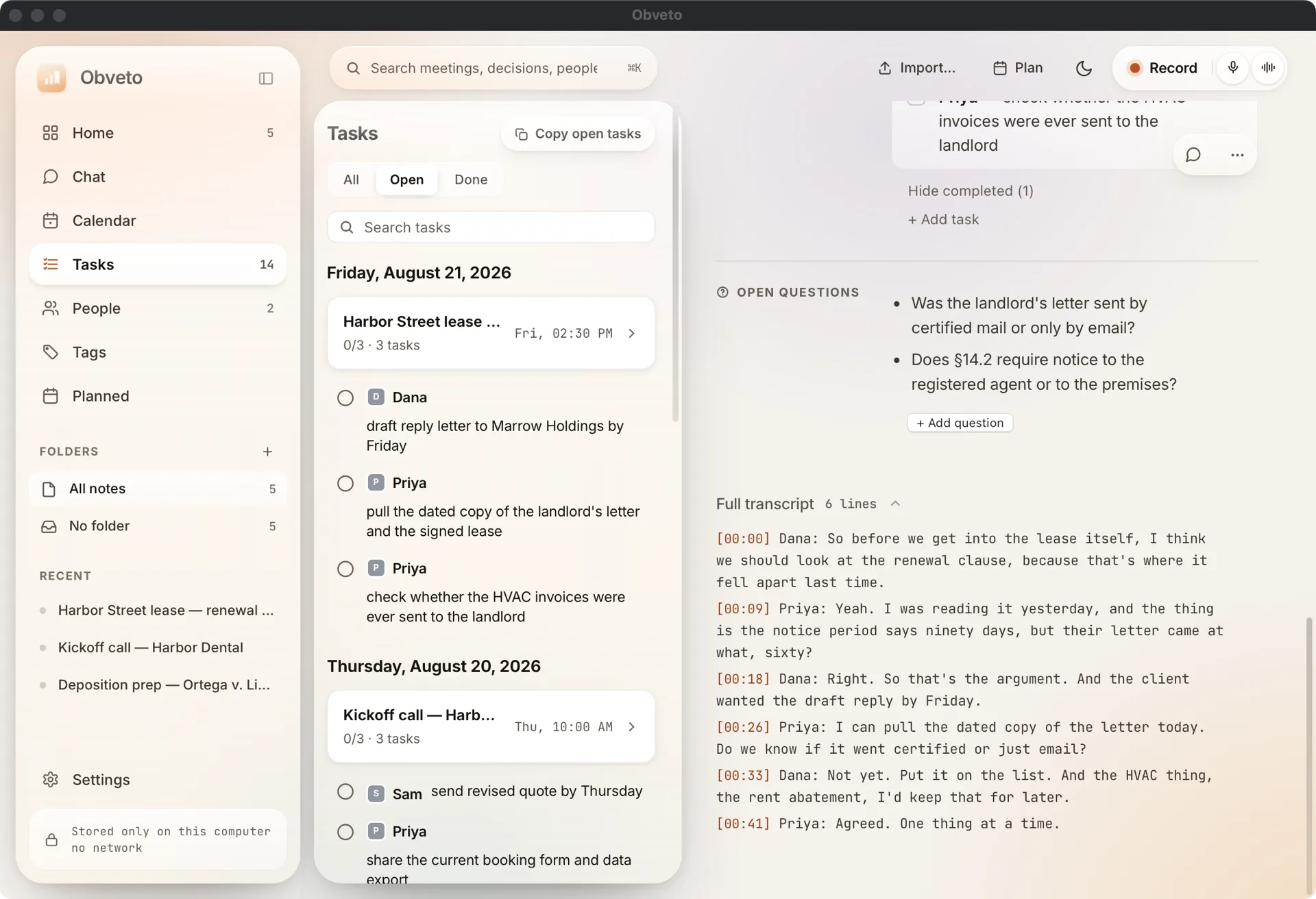 The Tasks view listing open action items from every meeting